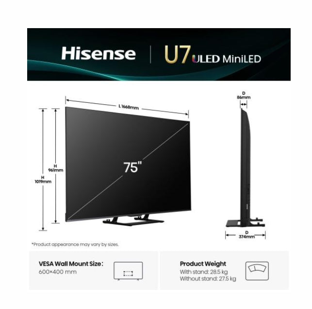 Hisense 75"U7Q, 4K Ultra HD 3840x2160, ULED, FALD, Quantum Dot, 144Hz, IPS, HDR 10+, HLG, Dolby Vision IQ, Dolby Atmos, Smart TV, WiFi 5GHz, WiFi Direct, BT, Anyview Cast,light sensor, 4xHDMI, 2xUSB, LAN, CI+, DVB-T2/C/S2, Black