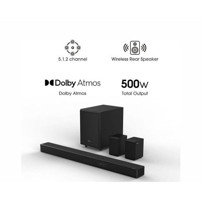 Hisense AX5125H 5.1.2Ch Sound Bar with Wireless Subwoofer, 500W, Dolby Atmos, Bluetooth 5.3, 4K HDMI Pass Through, DTS:X, HDMI/AUX/ARC/Optical/USB, 7 EQ Modes