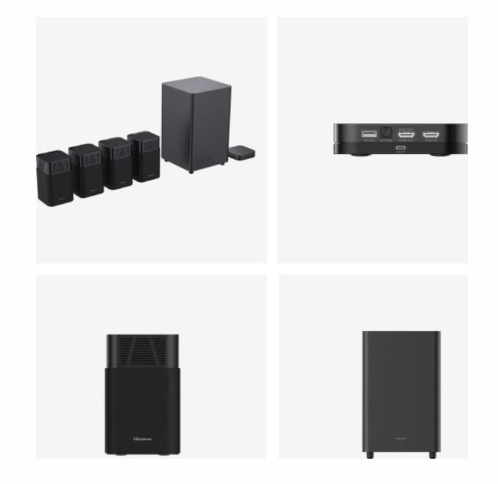 Hisense HT Saturn, 4.1.2Ch Sound Bar with Wireless Subwoofer, 720W, Dolby Atmos, Tuned by Devialet , DTS:X,Quad Satellite Speakers , Black