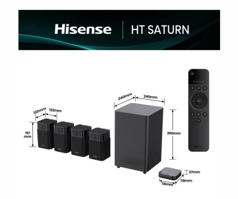 Hisense HT Saturn, 4.1.2Ch Sound Bar with Wireless Subwoofer, 720W, Dolby Atmos, Tuned by Devialet , DTS:X,Quad Satellite Speakers , Black