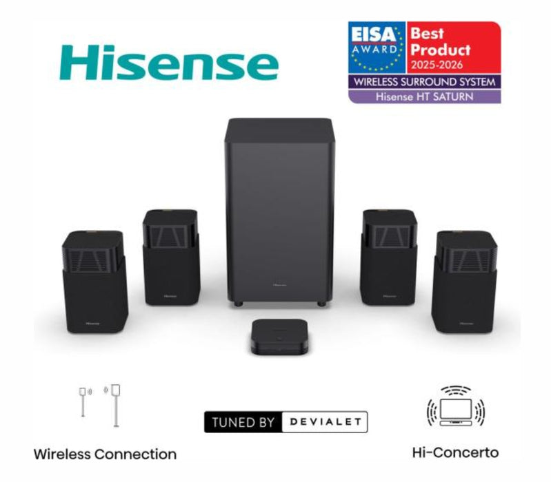 Hisense HT Saturn, 4.1.2Ch Sound Bar with Wireless Subwoofer, 720W, Dolby Atmos, Tuned by Devialet , DTS:X,Quad Satellite Speakers , Black
