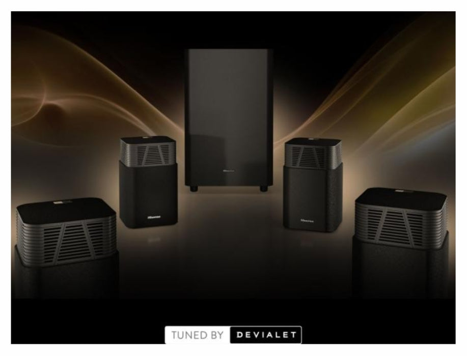 Hisense HT Saturn, 4.1.2Ch Sound Bar with Wireless Subwoofer, 720W, Dolby Atmos, Tuned by Devialet , DTS:X,Quad Satellite Speakers , Black