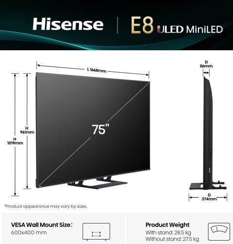 Hisense 75" E8Q, 4K Ultra HD 3840x2160, ULED, Quantum Dot,144 Hz, HDR 10+, HLG, Dolby Vision, DTS Virtual X, Smart TV, Light Sensor, WiFi Direct, BT, Anyview Cast, 3xHDMI, 2xUSB, LAN, CI+, DVB-T2/C/S2,Singale stand, Black