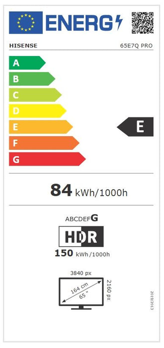 Hisense 65" E7Q Pro, 4K Ultra HD 3840x2160, QLED, Quantum Dot, 144Hz, HDR 10+ adaptive, HLG, Dolby Vision, DTS Virtual X, Smart TV, WiFi 5GHz, WiFi Direct, BT, Anyview Cast, 4xHDMI, 2xUSB, LAN, CI+, DVB-T2/C/S2, Black