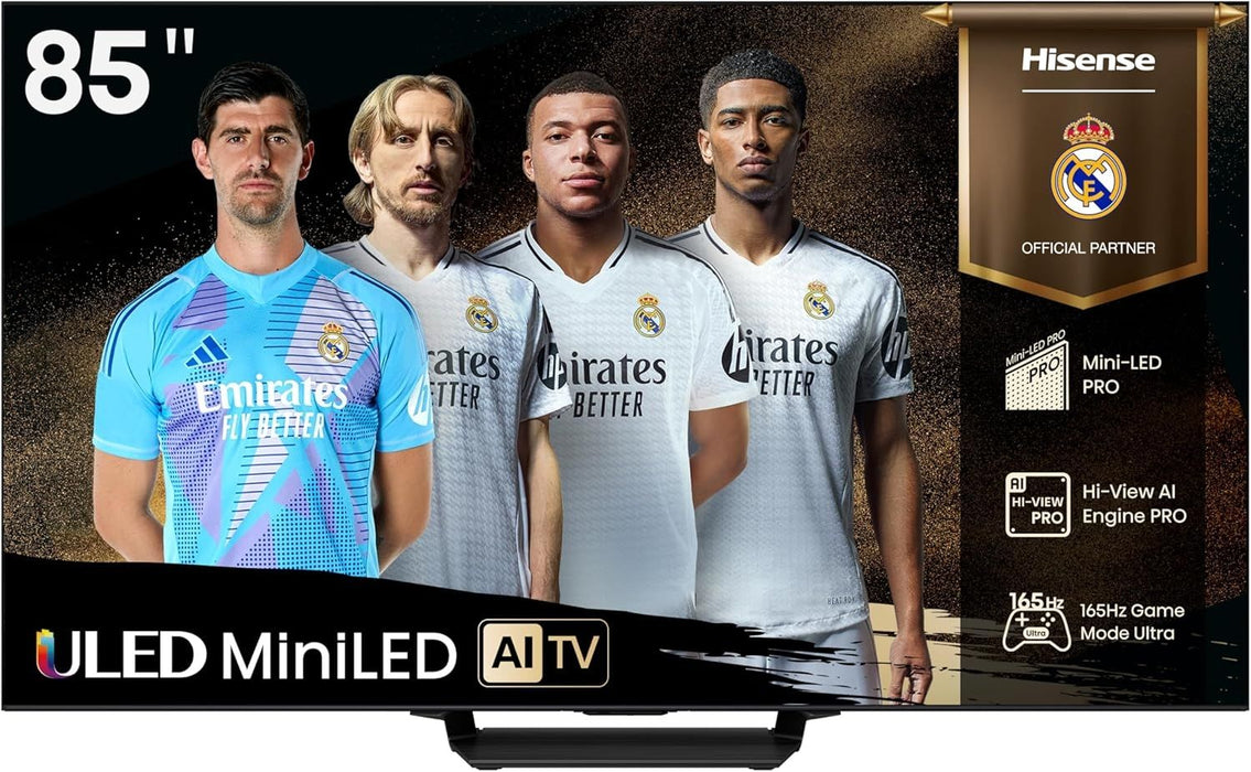 Hisense 85"U7Q Pro, 4K Ultra HD 3840x2160, ULED, FALD, Quantum Dot, 165Hz, IPS, HDR 10+, HLG, Dolby Vision IQ, Dolby Atmos, Smart TV, WiFi 5GHz, WiFi Direct, BT, Anyview Cast,light sensor,Solar Powered Remote, 4xHDMI, 2xUSB, LAN, CI+, DVB-T2/C/S2, Black