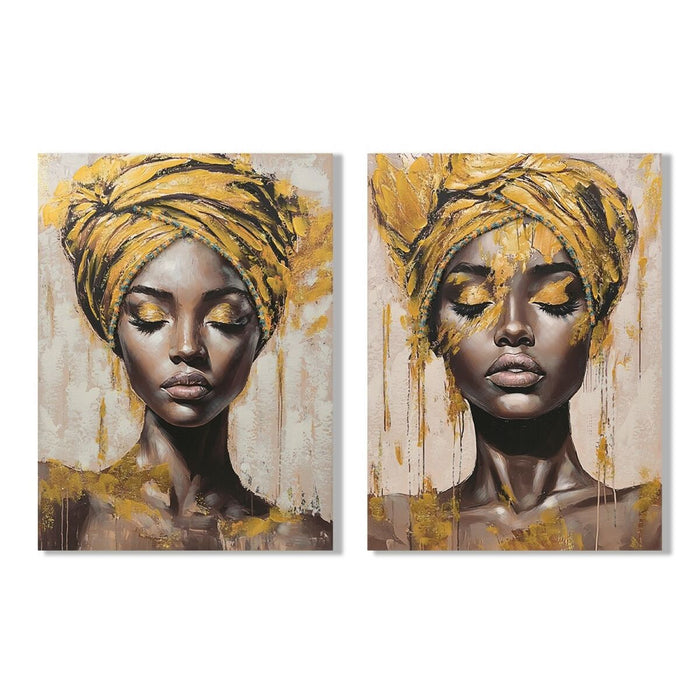 Canvas Home ESPRIT Brown Golden Colonial African Woman 90 x 3 x 120 cm (2 Units)