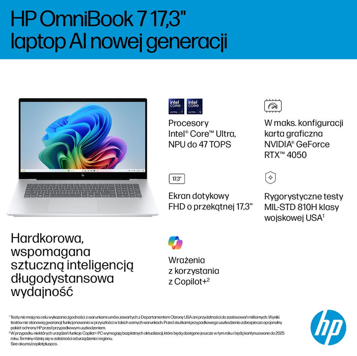 HP OmniBook 7 Next Gen AI 17-DC0073CL Copilot+ PC Intel Core Ultra 7 258V Laptop 43.9 cm (17.3") Full HD touchscreen 32 GB LPDDR5x-SDRAM 1 TB SSD NVIDIA GeForce RTX 4050 Wi-Fi 6E (802.11ax) Windows 11 Home Silver New Repack/Repacked