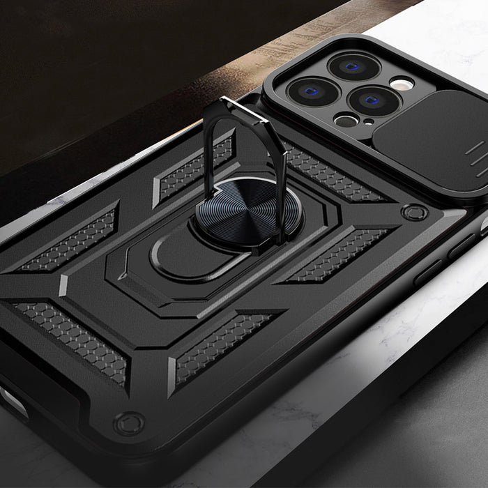 Hybrid Armor Camshield case for iPhone 14 Pro armored case with camera cover blue