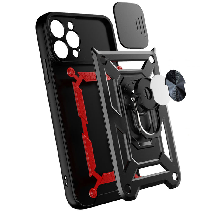 Hybrid Armor Camshield case for iPhone 14 Pro Max armored case with camera cover blue