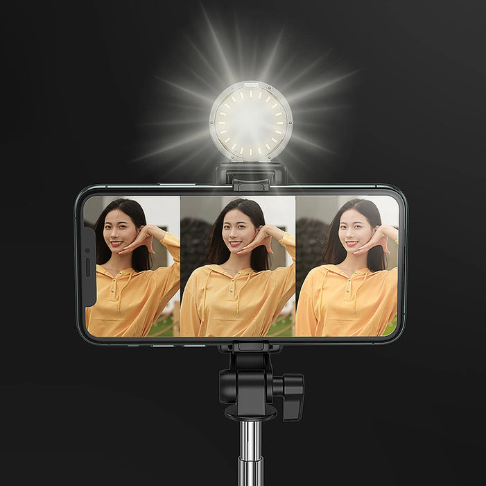 Selfie stick WH1YXS telescopic tripod 1m with round lamp and phone holder - black