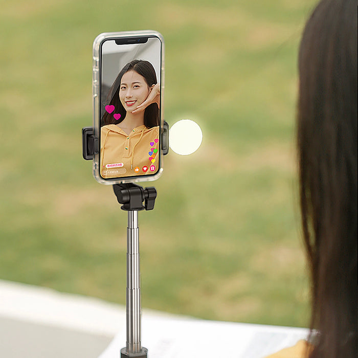 Selfie stick WH1YXS telescopic tripod 1m with round lamp and phone holder - black