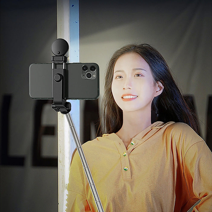 Selfie stick WH1YXS telescopic tripod 1m with round lamp and phone holder - black