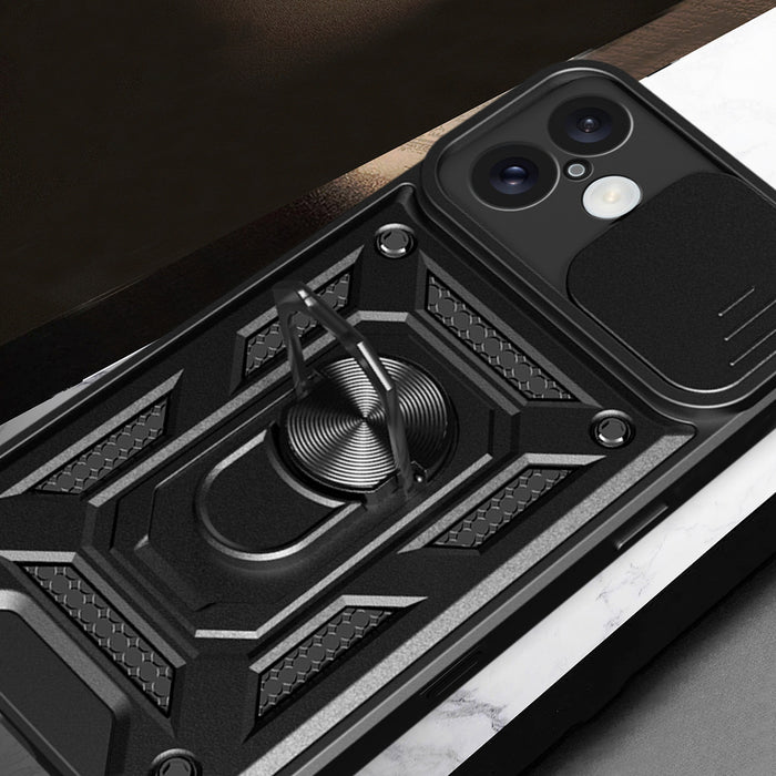 Hybrid Armor Camshield iPhone 16 Armored Case with Camera Cover and Stand - Black