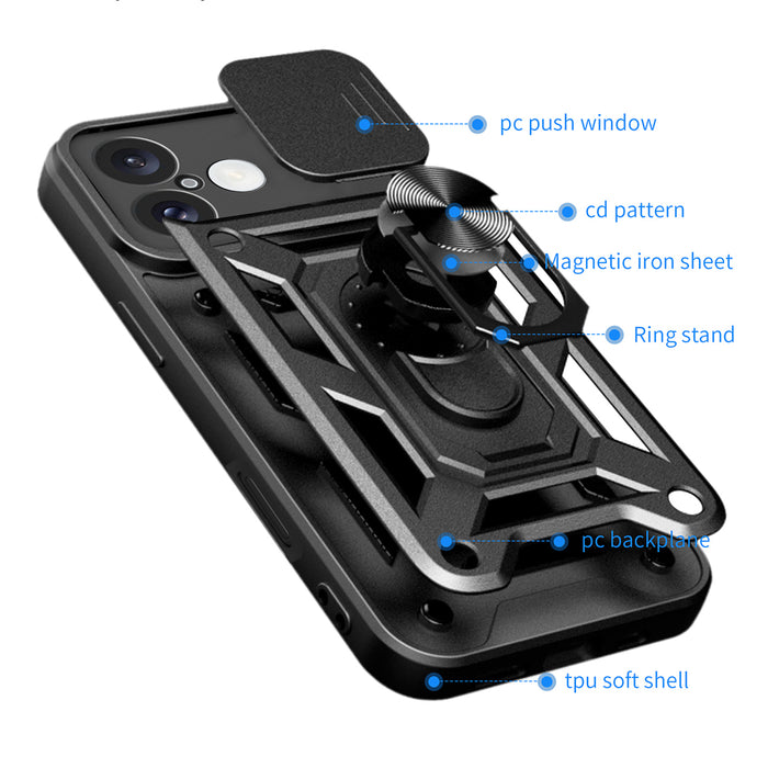 Hybrid Armor Camshield iPhone 16 Armored Case with Camera Cover and Stand - Black