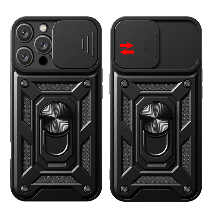 Hybrid Armor Camshield iPhone 16 Pro Case with Camera Cover and Stand - Black