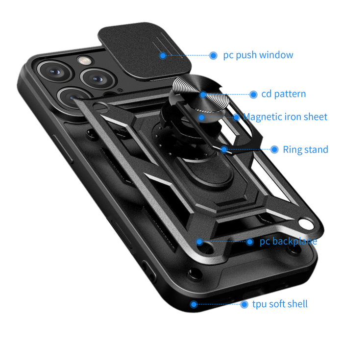 Hybrid Armor Camshield iPhone 16 Pro Case with Camera Cover and Stand - Black