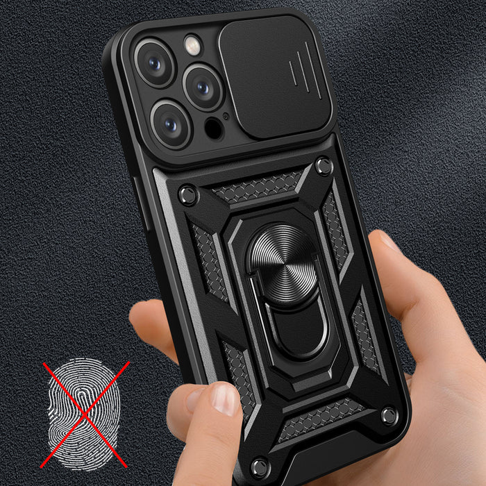 Hybrid Armor Camshield iPhone 16 Pro Max Armored Case with Camera Cover and Stand - Black