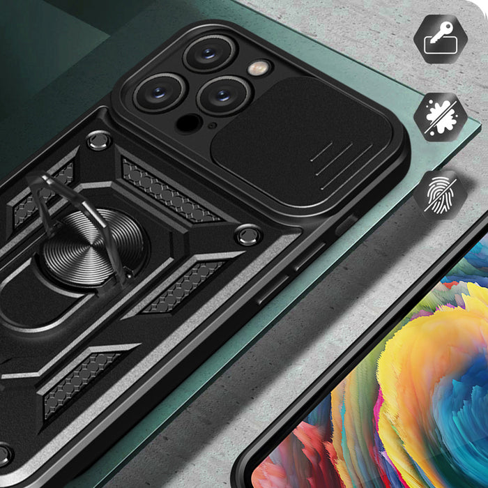 Hybrid Armor Camshield iPhone 16 Pro Max Armored Case with Camera Cover and Stand - Black