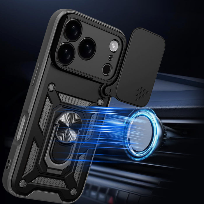 Hybrid Armor Camshield iPhone 17 Pro Case with Stand and Camera Cover - Black