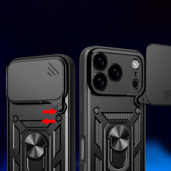 Hybrid Armor Camshield Case for iPhone 17 Pro Max with Stand and Camera Cover - Black