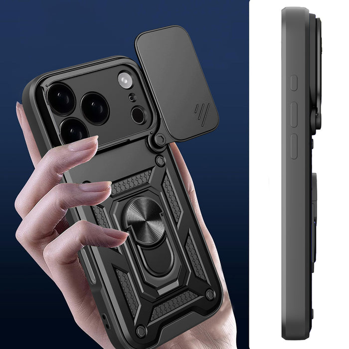Hybrid Armor Camshield Case for iPhone 17 Pro Max with Stand and Camera Cover - Black