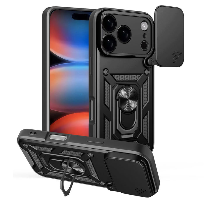 Hybrid Armor Camshield Case for iPhone 17 Pro Max with Stand and Camera Cover - Black