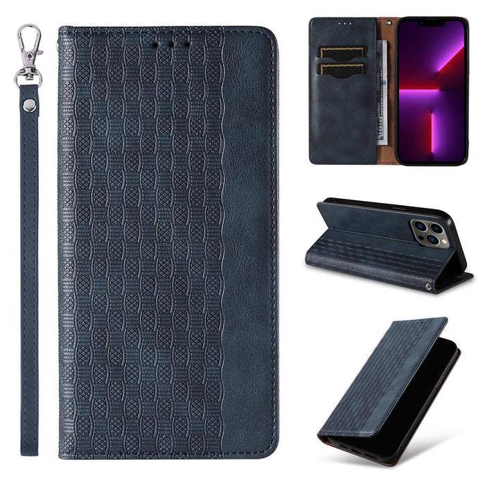 Magnet Strap Case Case for iPhone 14 Plus Flip Wallet Mini Lanyard Stand Blue