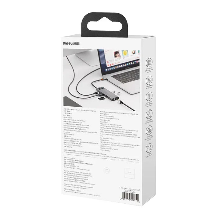 Hub 8in1 Baseus Metal Gleam Series USB-C to 3x USB 3.0 + HDMI + USB-C PD + Ethernet RJ45 + microSD/SD - Hubs<<<IT