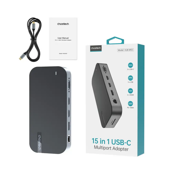 HUB Choetch M52 USB-C - USB-C PD/USB-C/USB-A/HDMI/VGA/DP/SD/TF/RJ45/AUX - gray - USB hubs<<<HurtelXML