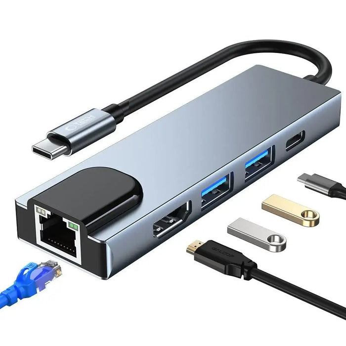 HUB Tech-Protect V3 5in1 USB-C - USB-A 3.0 / USB-A 2.0 / USB-C / HDMI / RJ45 - gray - USB hubs<<<HurtelXML
