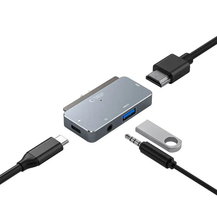 HUB Tech-Protect V6 4in1 USB-C - USB-A 3.0 / USB-C PD100W / HDMI / mini jack 3.5mm - gray - USB hubs<<<HurtelXML