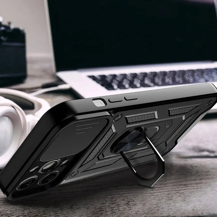 Hybrid Armor Camshield case for iPhone 14 Pro armored case with camera cover black - Cell phone cases