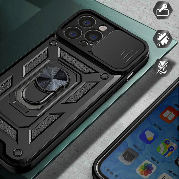 Hybrid Armor Camshield case for iPhone 14 Pro armored case with camera cover black - Cell phone cases