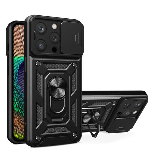 Hybrid Armor Camshield case with stand and camera cover for iPhone 15 Pro - black - Cell phone cases
