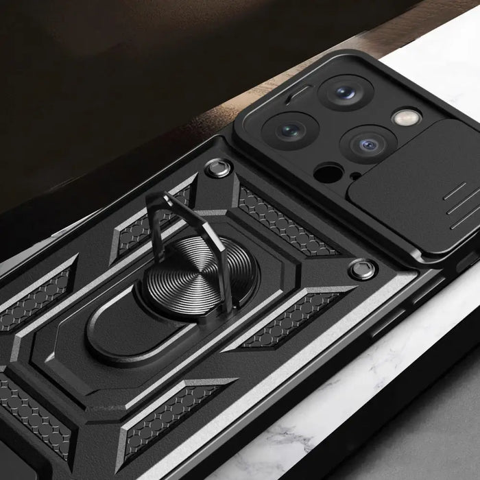 Hybrid Armor Camshield case with stand and camera cover for iPhone 15 Pro - black - Cell phone cases