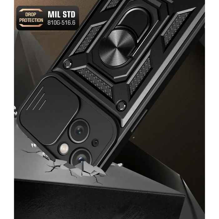 Hybrid Armor Camshield case with stand and camera cover for iPhone 15 - black - Cell phone cases and covers<<<HurtelXML