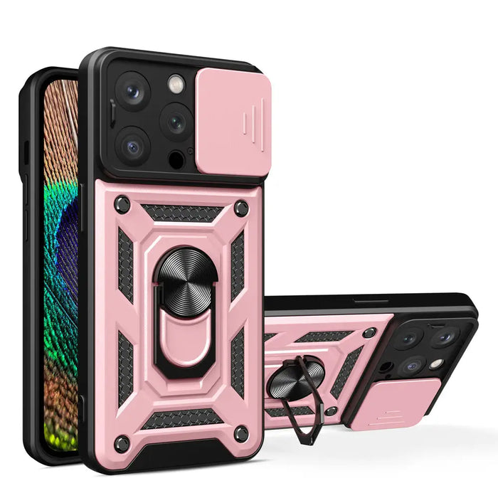 Hybrid Armor Camshield case with stand and camera cover for iPhone 15 Pro - pink - Cell phone cases