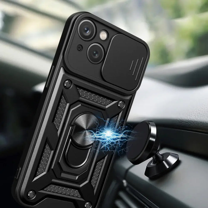 Hybrid Armor Camshield iPhone 15 Case with Stand and Camera Cover - Blue - Cell phone cases and covers<<<HurtelXML