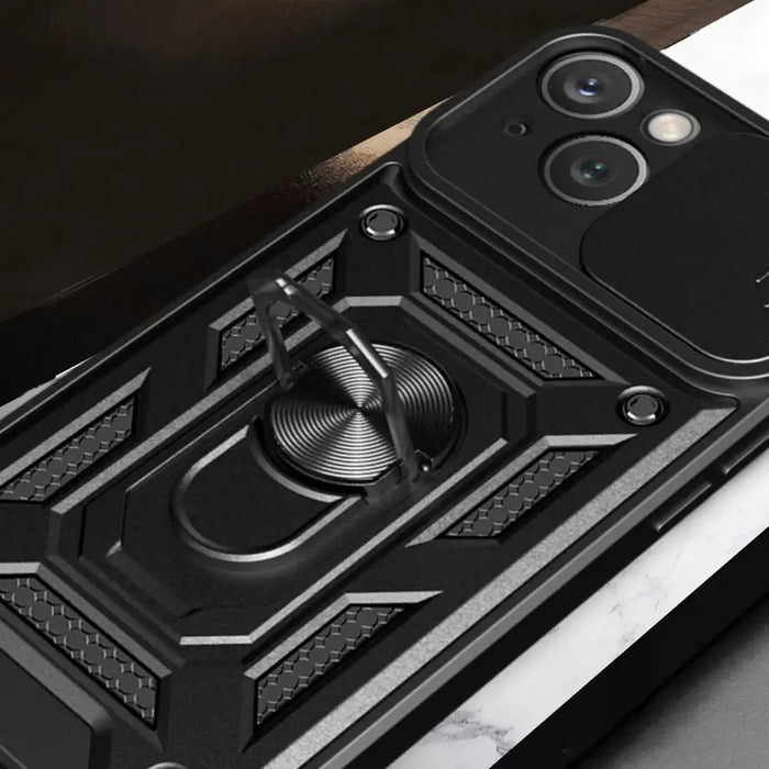 Hybrid Armor Camshield iPhone 15 Case with Stand and Camera Cover - Blue - Cell phone cases and covers<<<HurtelXML