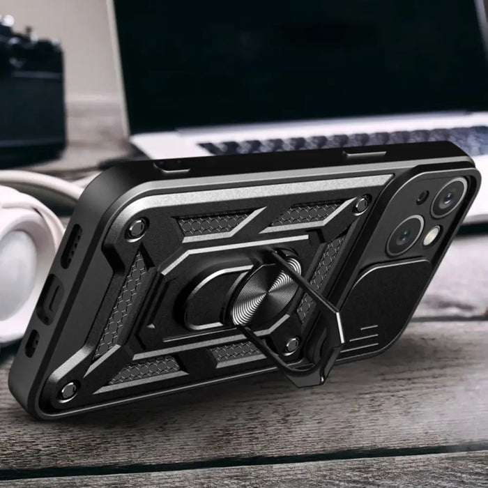 Hybrid Armor Camshield iPhone 15 Case with Stand and Camera Cover - Blue - Cell phone cases and covers<<<HurtelXML