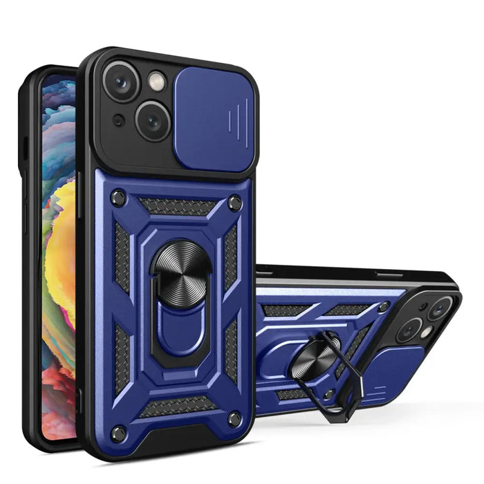 Hybrid Armor Camshield iPhone 15 Case with Stand and Camera Cover - Blue - Cell phone cases and covers<<<HurtelXML