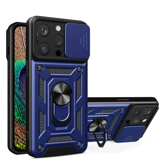 Hybrid Armor Camshield iPhone 15 Pro Case with Kickstand and Camera Cover - Blue - Cell phone cases
