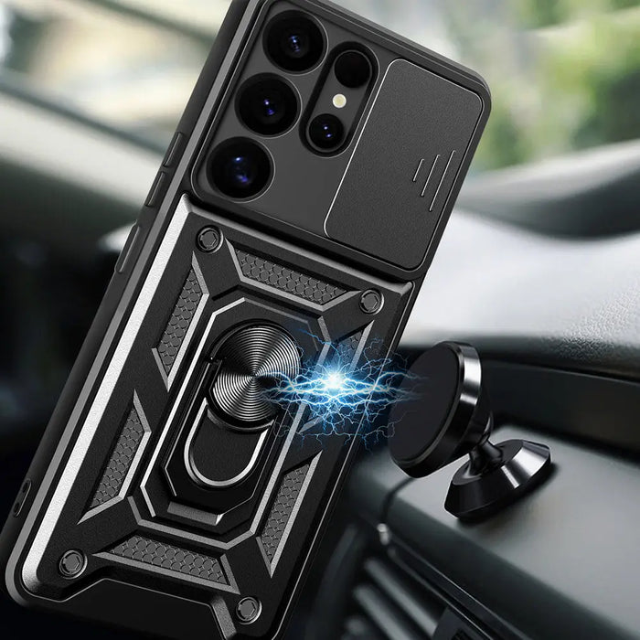 Hybrid Armor Camshield with Camera Cover and Metal Ring for Samsung Galaxy S25 Ultra - Black - Cell phone cases