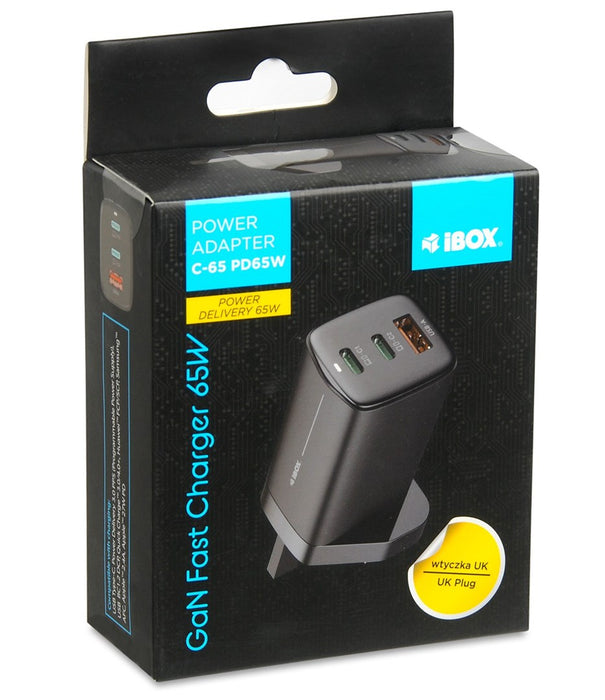 iBOX C-65 Black, GaN 65W universal charger UK plug