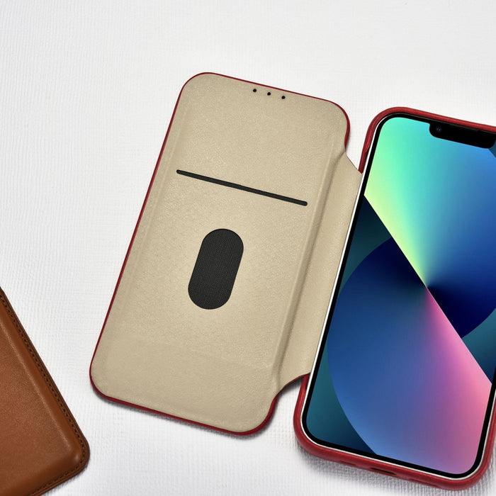 iCarer CE Oil Wax Premium Leather Folio Case iPhone 14 Plus Magnetic Flip Leather Folio Case MagSafe Red (AKI14220707-RD)