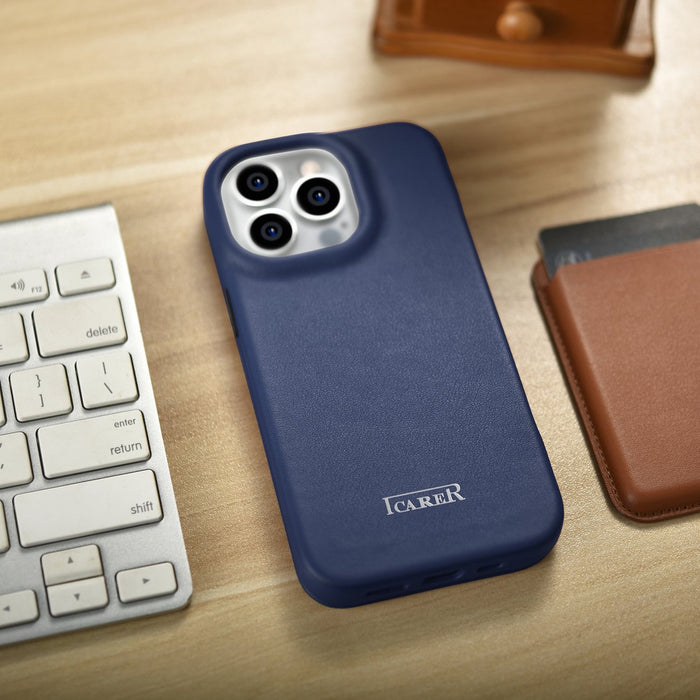 iCarer CE Premium Leather Folio Case iPhone 14 Pro Magnetic Flip Leather Folio Case MagSafe Blue (WMI14220714-BU)