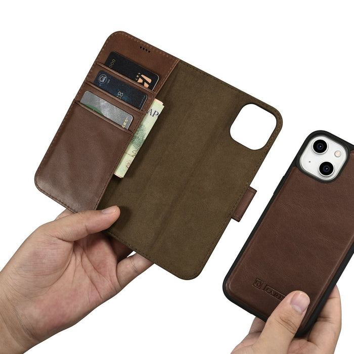 iCarer Oil Wax Wallet Case 2in1 Cover iPhone 14 Plus Anti-RFID Leather Flip Case Brown (WMI14220723-BN)
