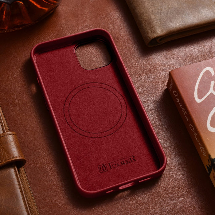 iCarer Case Leather case cover made of natural leather for iPhone 14 Plus red (compatible with MagSafe)