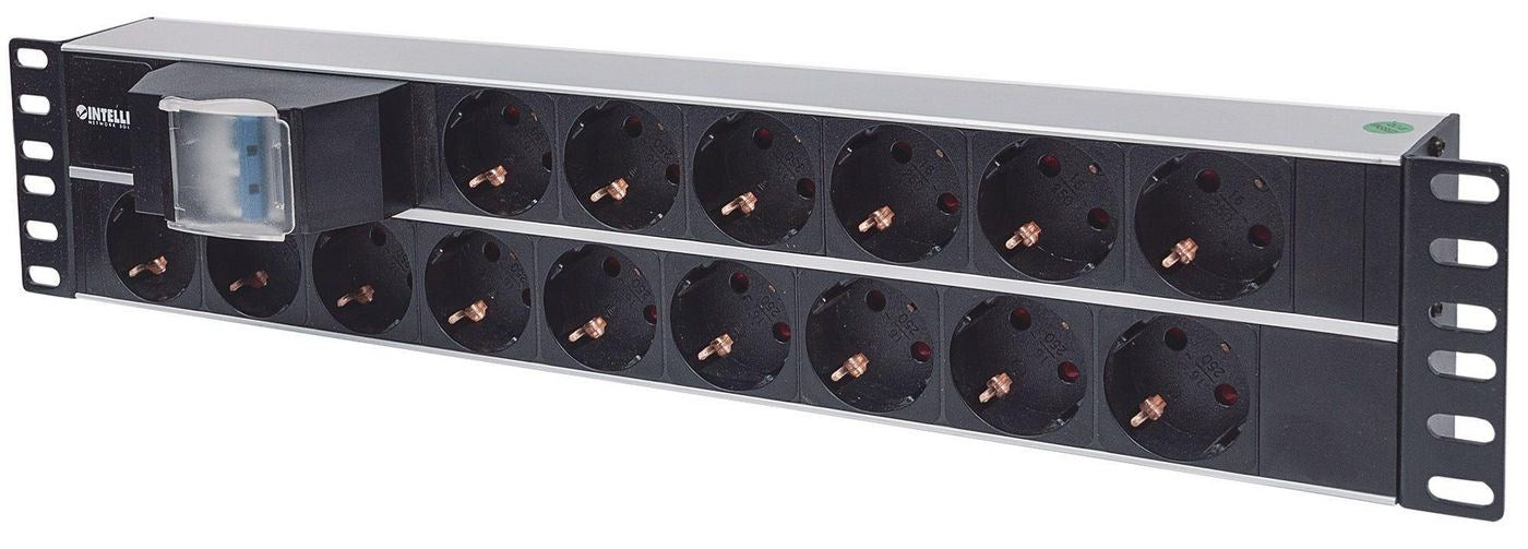 Intellinet 19" 2U Rackmount 15-Output Power Distribution Unit (PDU), EU CEE 7/3 Outlets, With Double Air Switch, Built-in 3 m (10 ft.) Power Cord with EU CEE 7/4 Plug
