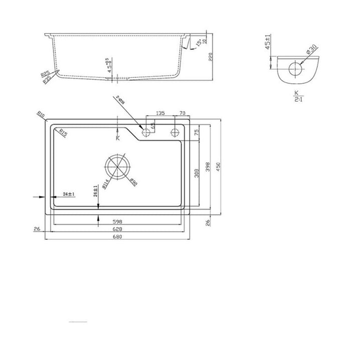 GRANITE KITCHEN SINK 8315 RECTANGULAR INTER CERAMIC 68X45X22 CM GRAY